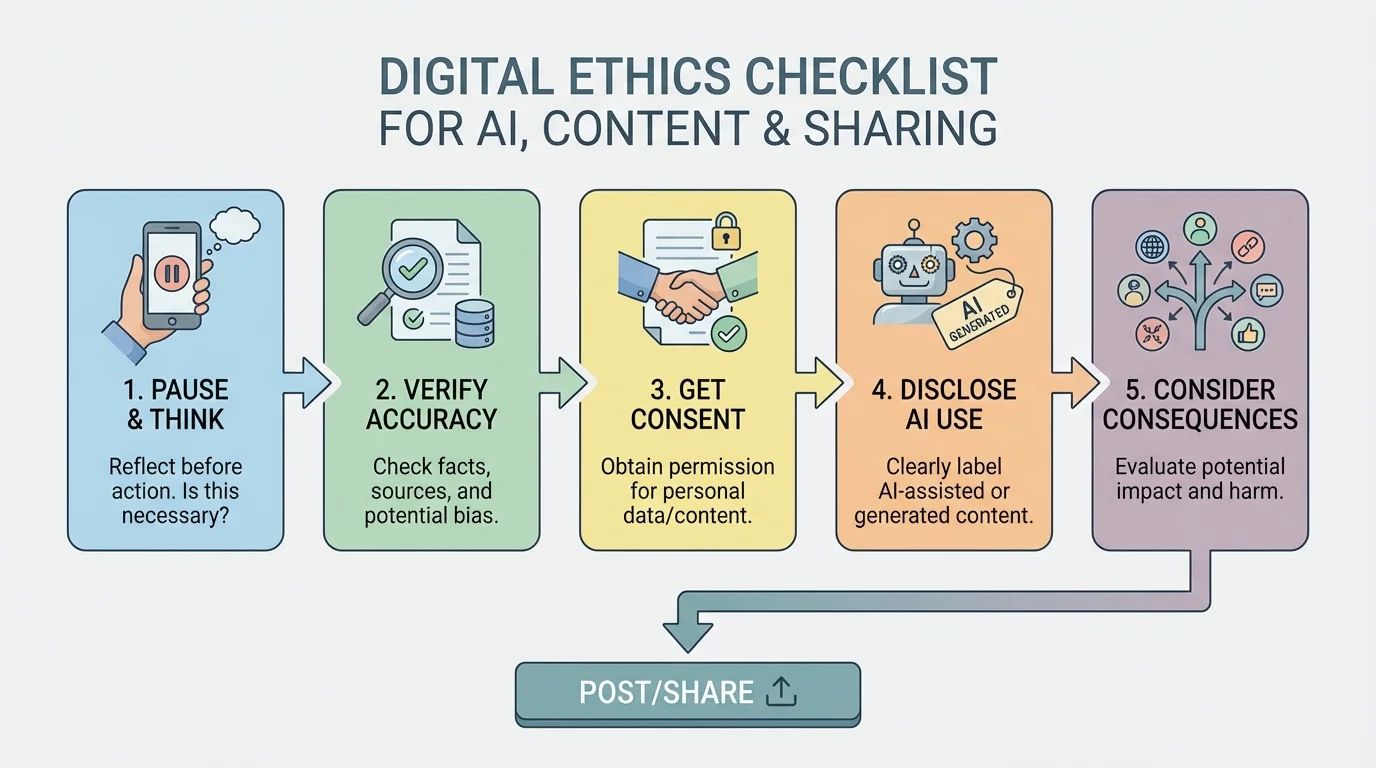 Five-step ethical posting checklist with boxes labeled pause, verify, get consent, disclose AI use, and consider consequences before post/share