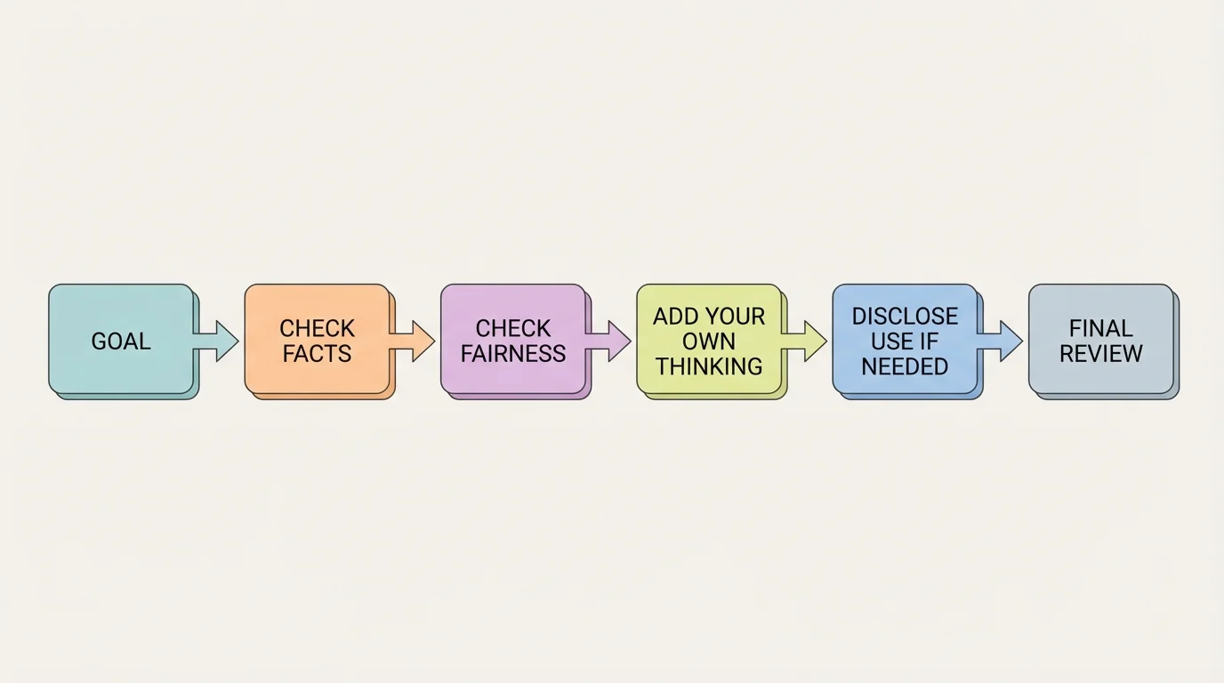 Decision path for ethical AI use with boxes labeled goal, check facts, check fairness, add your own thinking, disclose use if needed, and final review