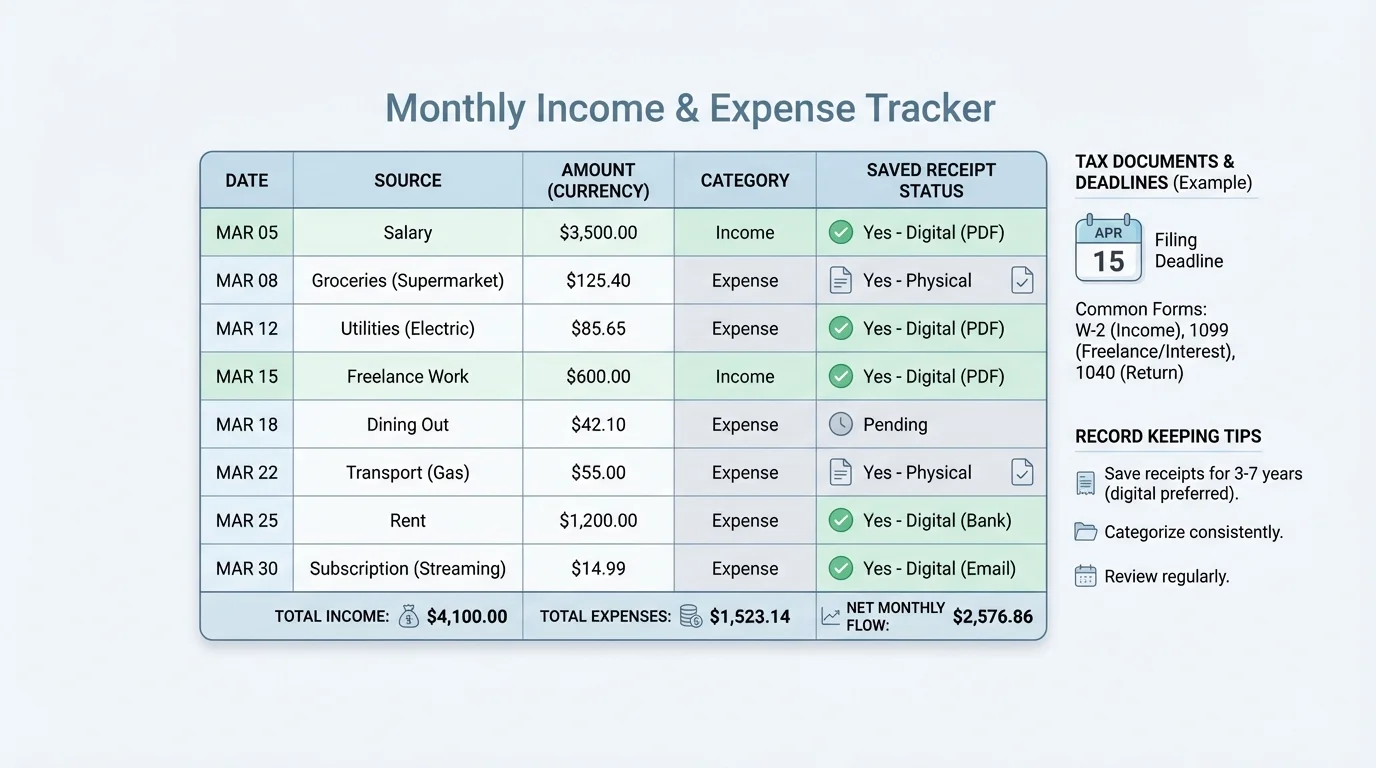 chart showing a monthly tracker with columns for date, source, amount, category, and saved receipt status