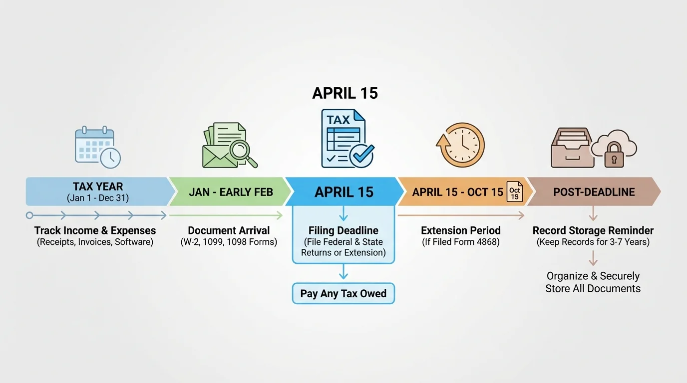 timeline showing the tax year, January document arrival, April filing deadline, extension period, and record storage reminder