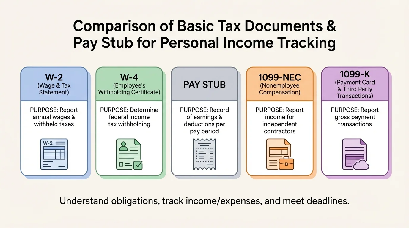 chart comparing W-2, W-4, 1099-NEC, 1099-K, and a pay stub with short purpose labels