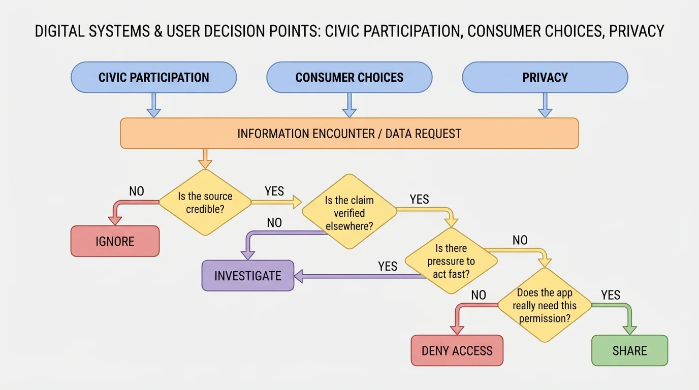 Flowchart decision tree asking Is the source credible, Is the claim verified elsewhere, Is there pressure to act fast, Does the app really need this permission, leading to share, ignore, investigate, or deny access