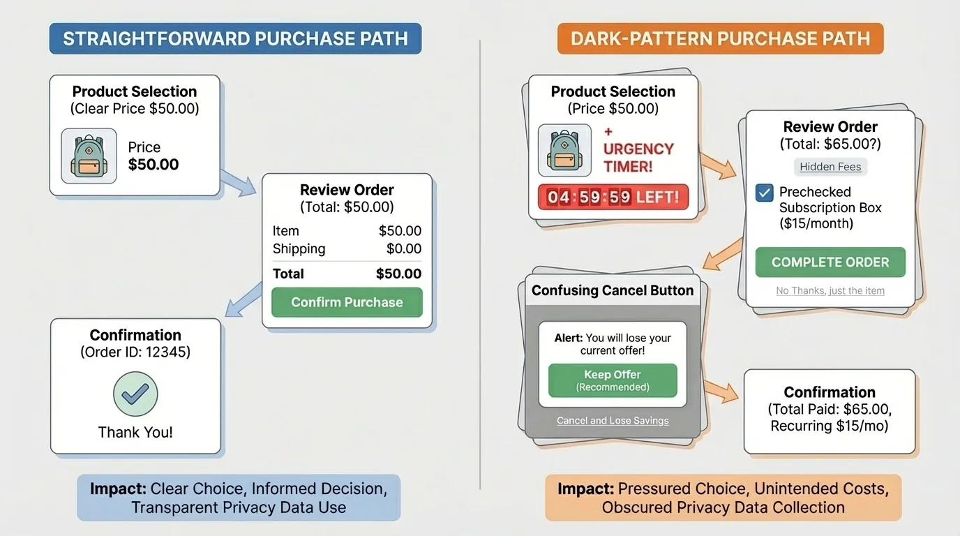 Side-by-side chart comparing a straightforward online purchase with a dark-pattern purchase path including urgency timer, hidden fees, prechecked subscription box, and confusing cancel button