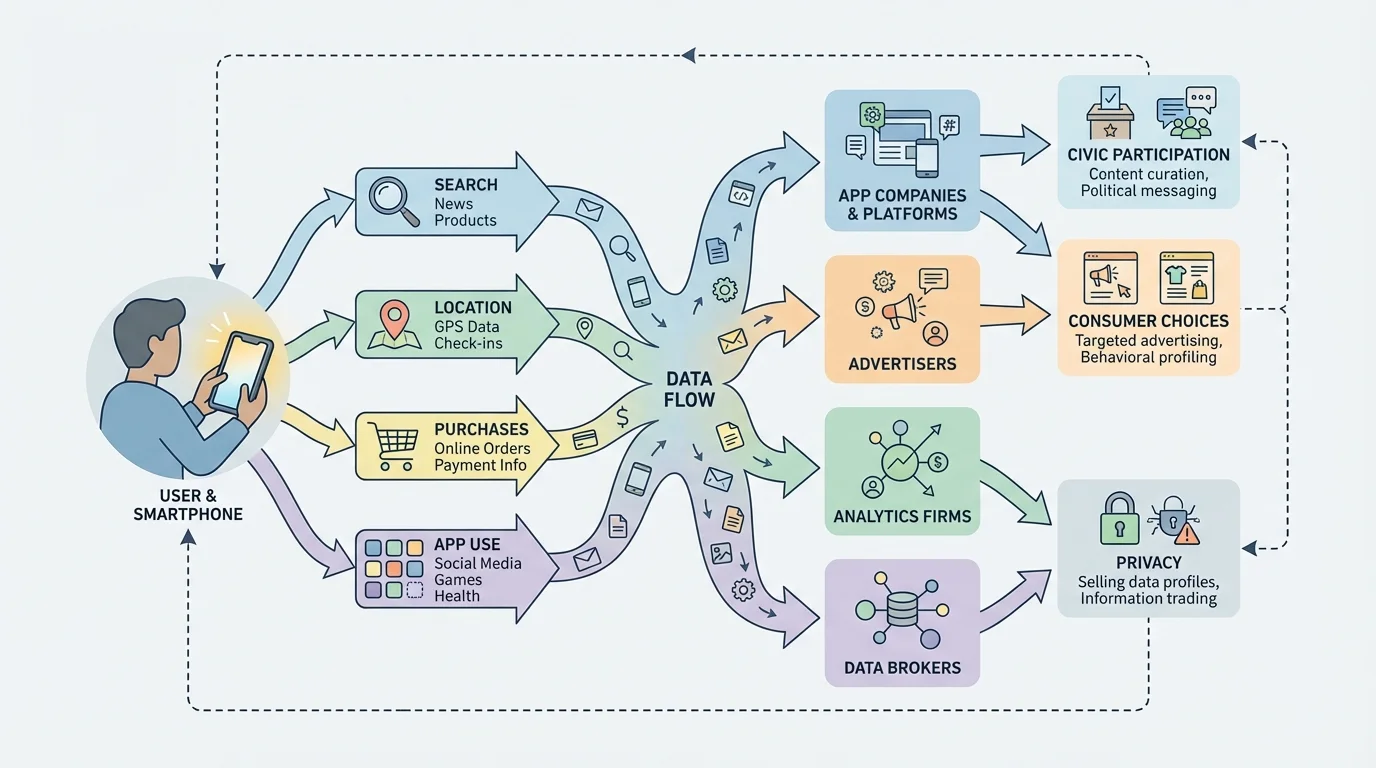 Diagram showing a smartphone user generating data through search, location, purchases, and app use, with arrows to app companies, advertisers, analytics firms, and data brokers