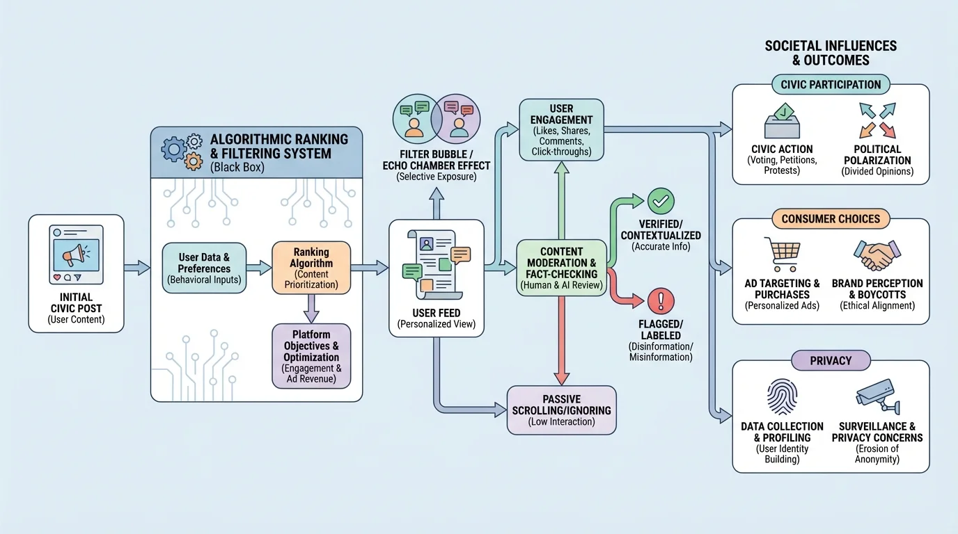 Flowchart of a social media civic post moving through algorithmic ranking, user engagement, fact-checking, and possible outcomes like sharing, donating, or ignoring