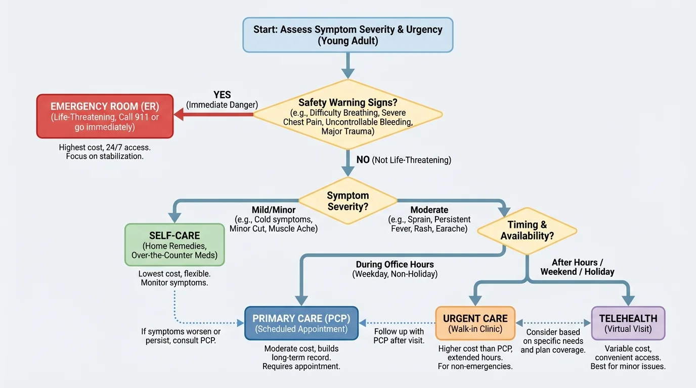 decision flowchart for choosing self-care, primary care, telehealth, urgent care, or emergency room based on symptom severity, timing, and safety warning signs