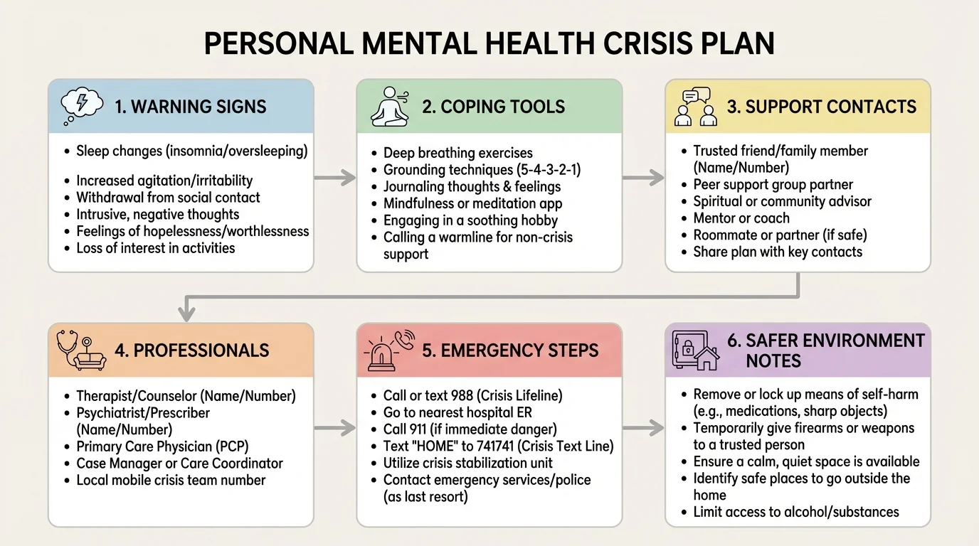 Chart showing sections of a personal mental health crisis plan: warning signs, coping tools, support contacts, professionals, emergency steps, and safer environment notes