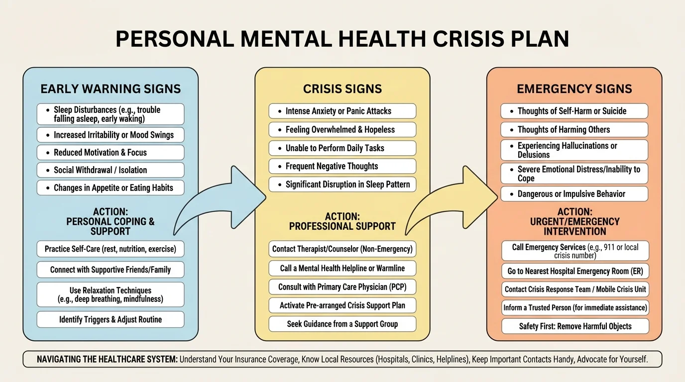 Flowchart showing personal warning signs moving from early signs to crisis signs to emergency signs with examples like sleep loss, isolation, panic, and self-harm thoughts
