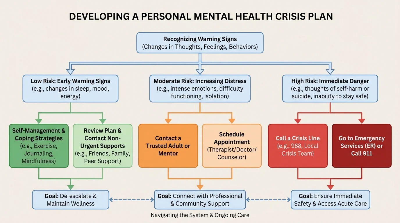 Flowchart showing choices between self-management, contacting a trusted adult, scheduling a therapist or doctor, calling a crisis line, and going to emergency services based on risk level