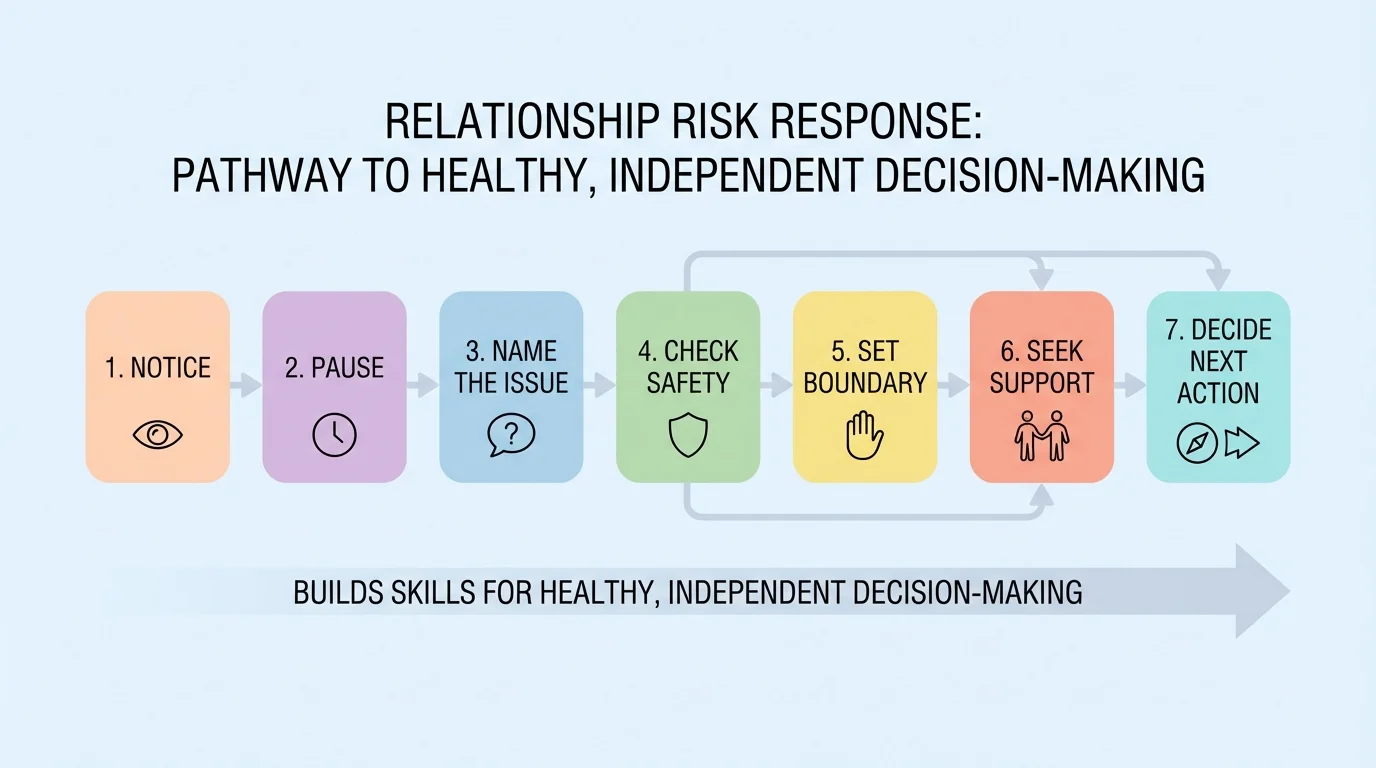 flowchart with steps notice, pause, name the issue, check safety, set boundary, seek support, decide next action