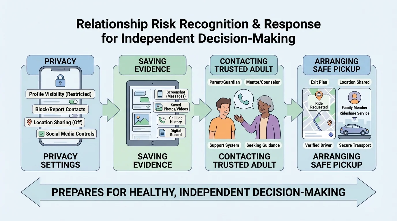illustration of a teen using privacy settings, saving screenshots, contacting a trusted adult, and arranging a safe pickup