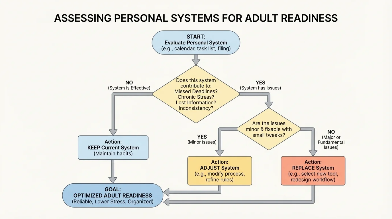 Flowchart for evaluating a personal system with questions about missed deadlines, stress, lost information, and consistency leading to keep, adjust, or replace