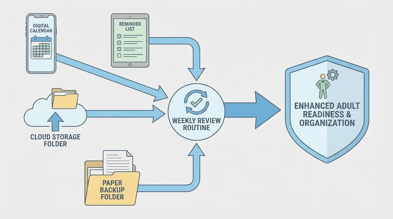 Diagram of a simple personal admin setup with phone calendar, reminder list, cloud folder, paper backup folder, and weekly review routine connected together