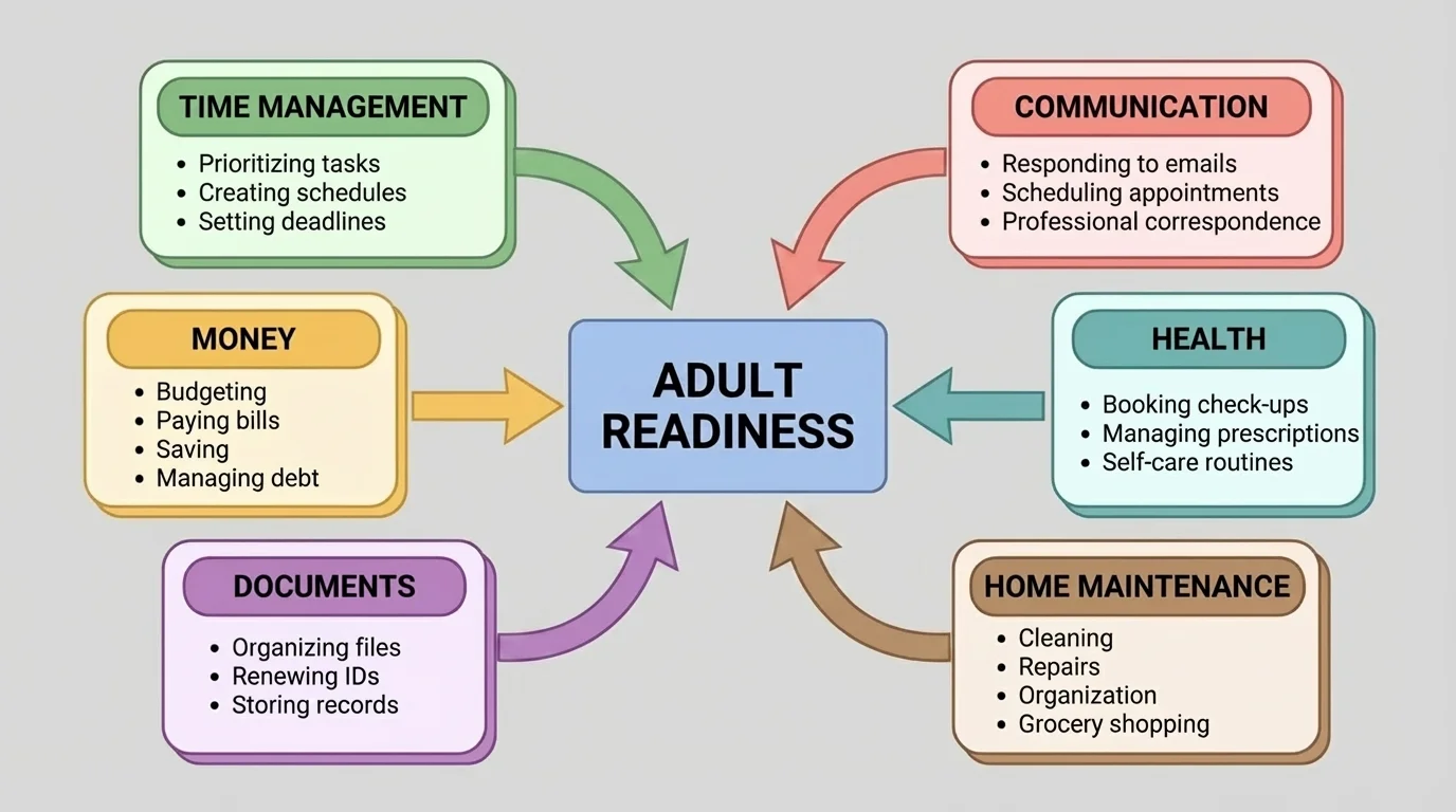 Flowchart showing categories of daily systems: time management, money, documents, communication, health, and home maintenance, each with example tasks
