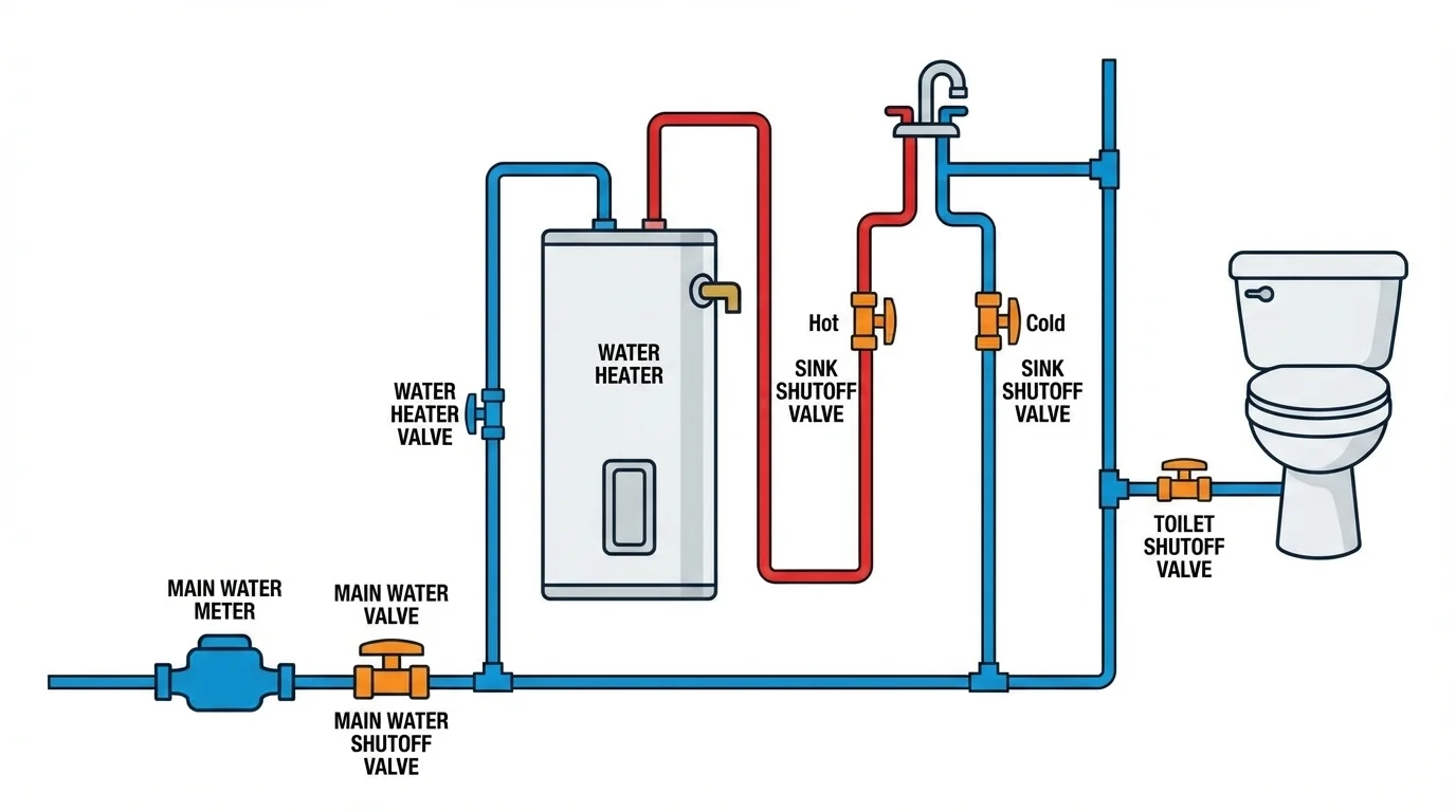 Simple house plumbing illustration showing sink shutoff valves, toilet shutoff valve, water heater valve, and main water shutoff near meter