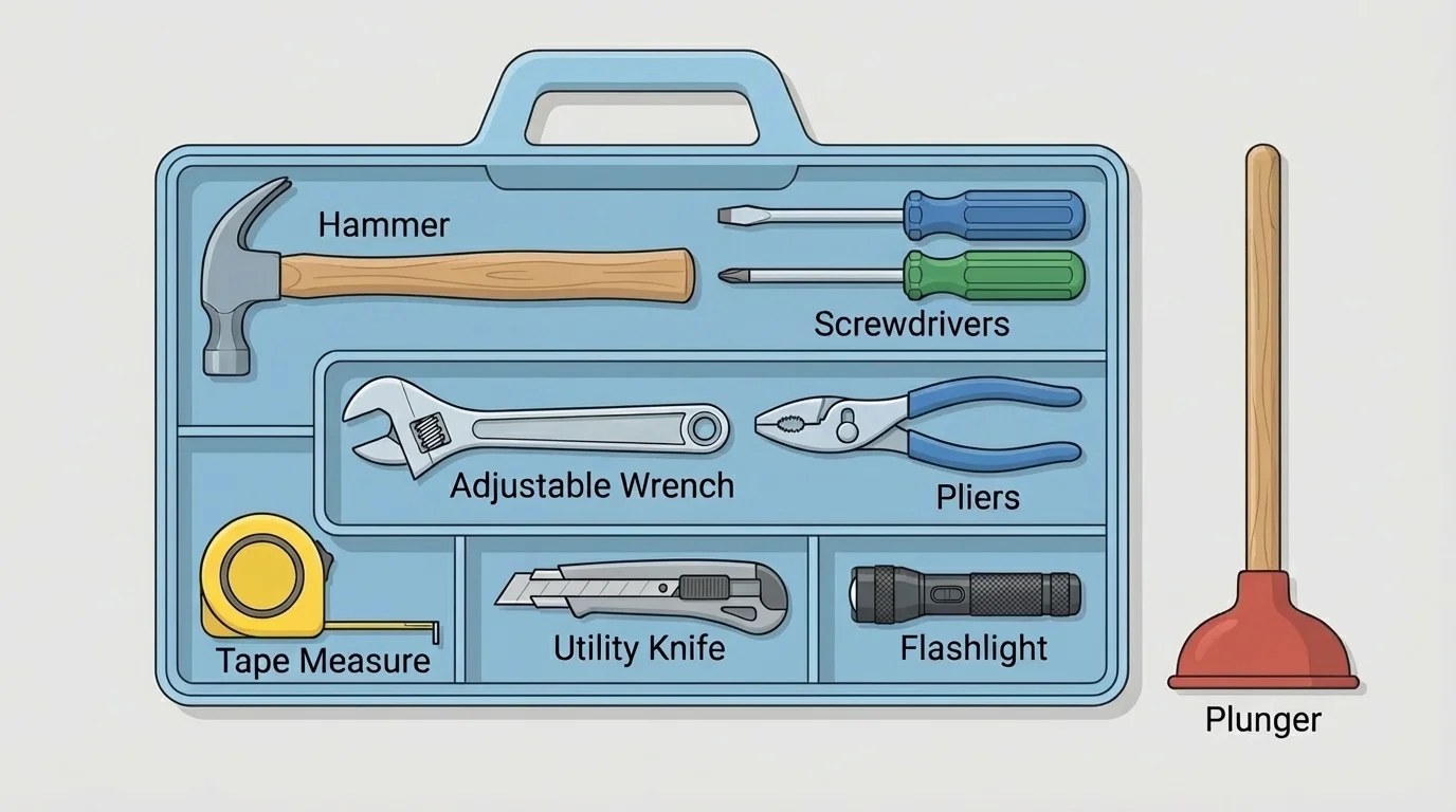 Starter household toolbox with hammer, screwdrivers, adjustable wrench, pliers, tape measure, utility knife, flashlight, and plunger labeled by name