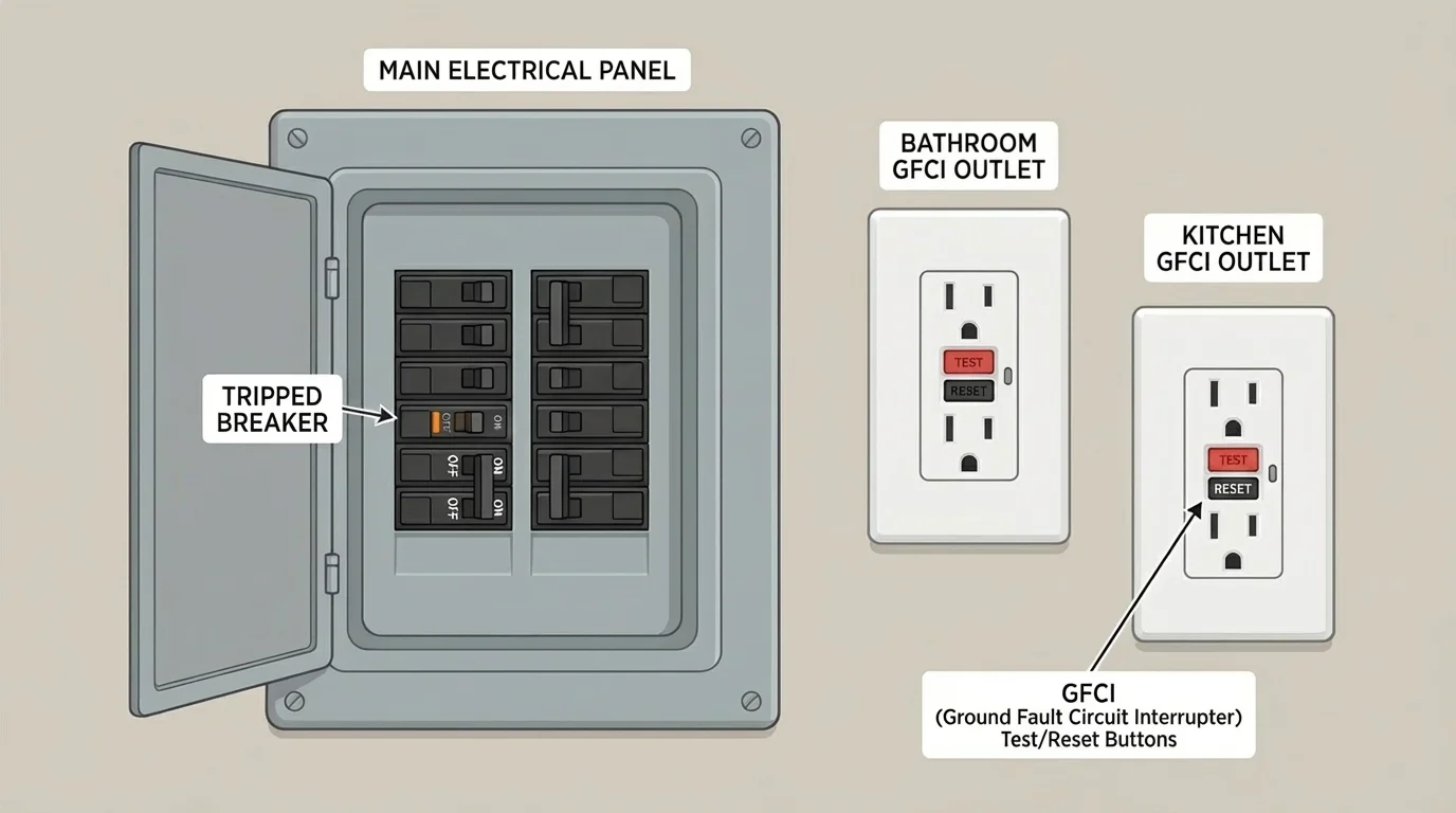 Home electrical panel with one breaker in middle tripped position and nearby bathroom kitchen outlets with test and reset buttons