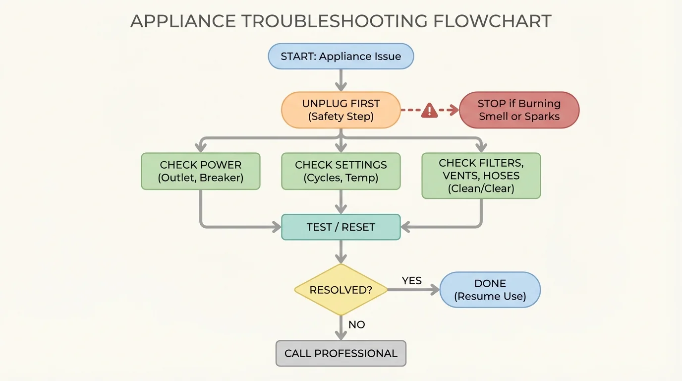 Appliance troubleshooting flowchart unplug first check power check settings check filters vents hoses test reset stop if burning smell or sparks
