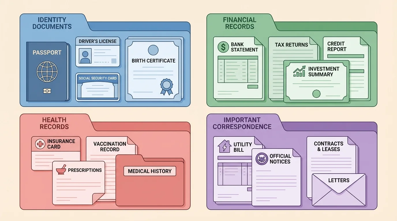 Four-part personal records organizer showing identity, financial, health, and correspondence folders with sample documents