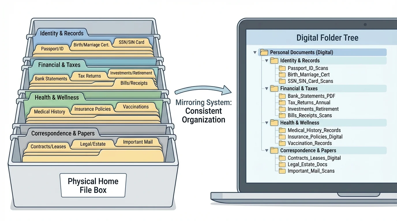 Side-by-side illustration of a home file box and laptop folder tree using matching category labels and subfolders