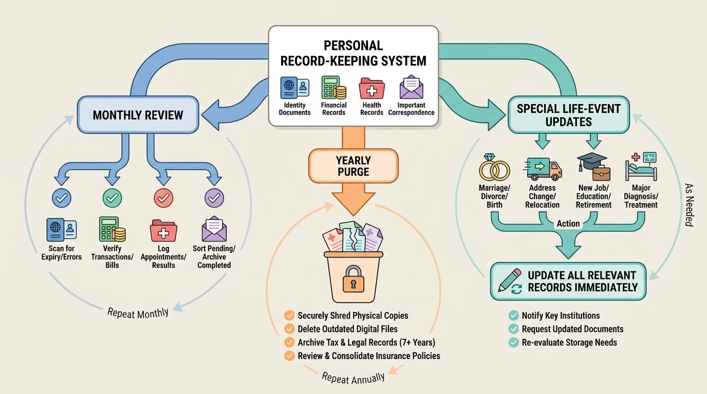 Personal records maintenance routine flowchart with monthly review, yearly purge, and special life-event updates