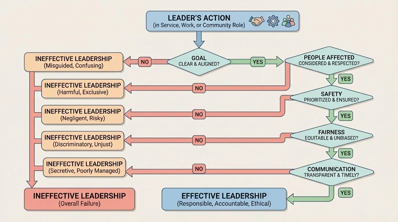 decision flow for evaluating a leader's action with questions about goal, people affected, safety, fairness, communication, and outcome leading to effective or ineffective leadership