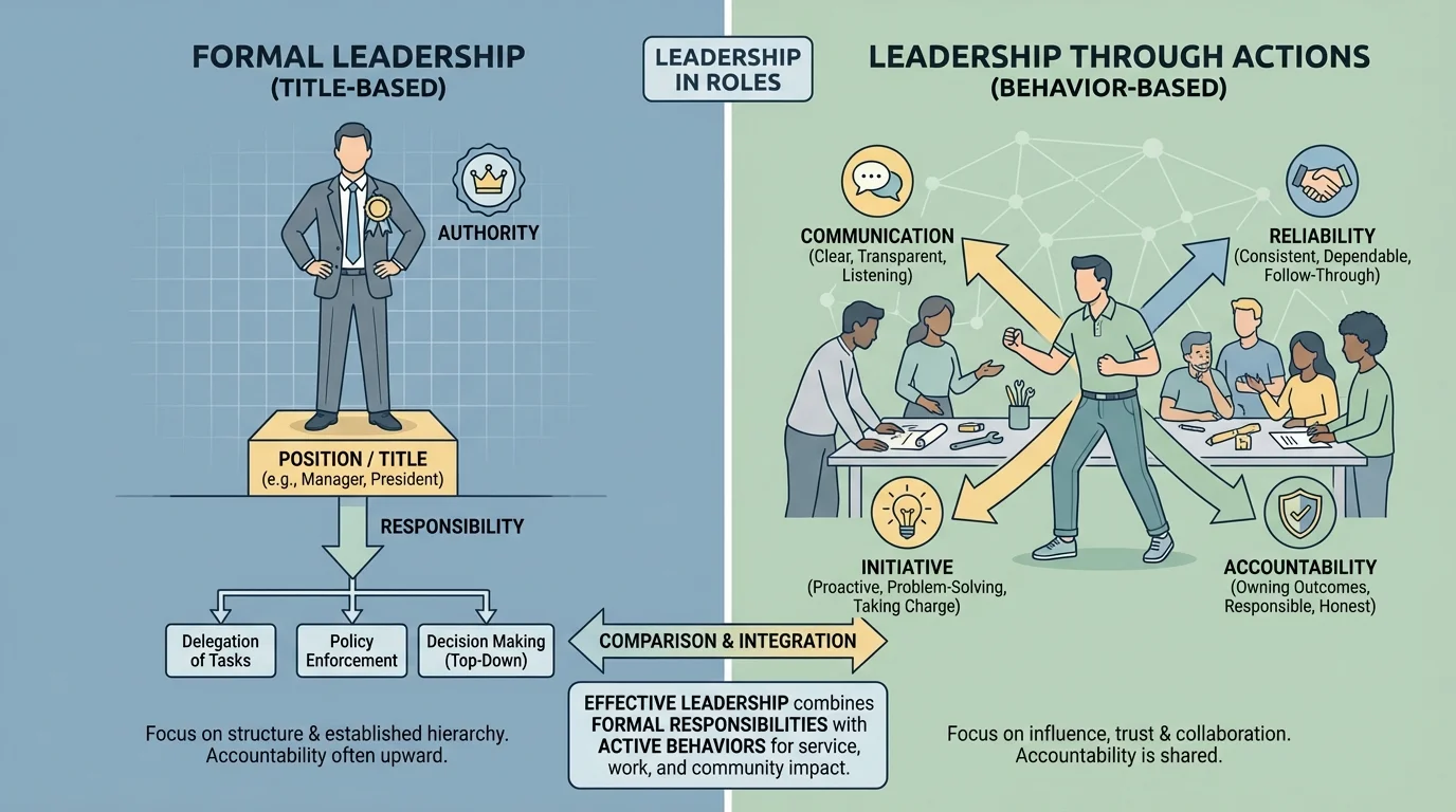 comparison chart showing a leader with a formal title versus a person who leads through actions such as communication, reliability, initiative, and accountability