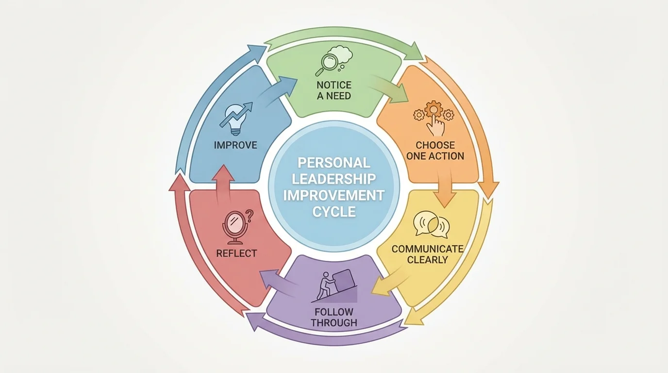 personal leadership improvement cycle showing notice a need, choose one action, communicate clearly, follow through, reflect, improve