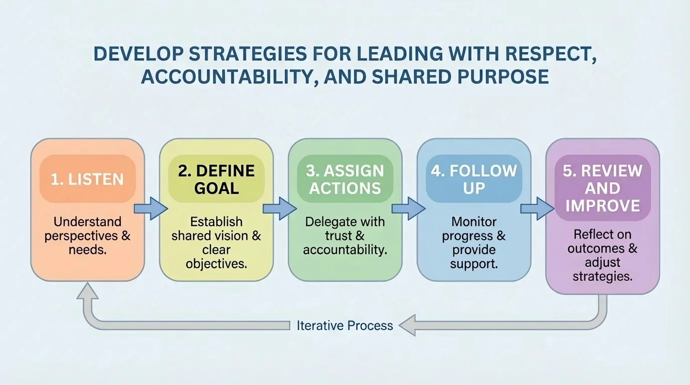 Flowchart with five steps: listen, define goal, assign actions, follow up, review and improve