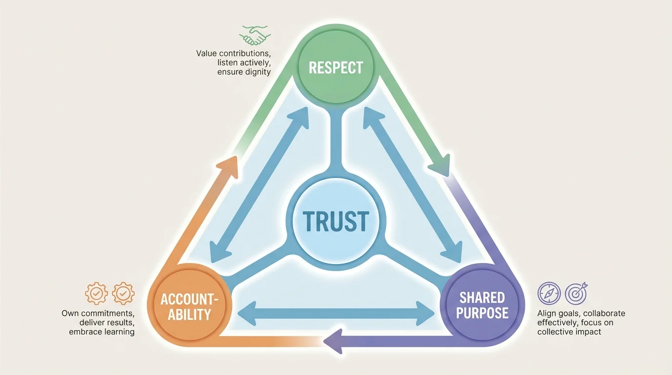 Triangle diagram with three connected corners labeled respect, accountability, and shared purpose, with trust at the center