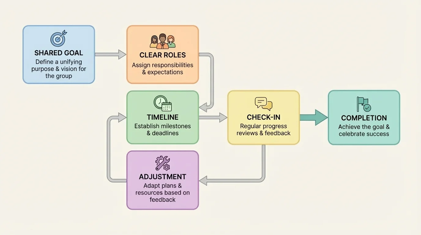 Flowchart showing group leadership process: shared goal, clear roles, timeline, check-in, adjustment, completion