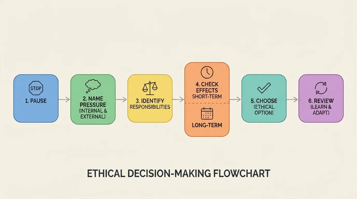 Flowchart of ethical decision-making steps from pause to name pressure, identify responsibilities, check short-term and long-term effects, choose, and review