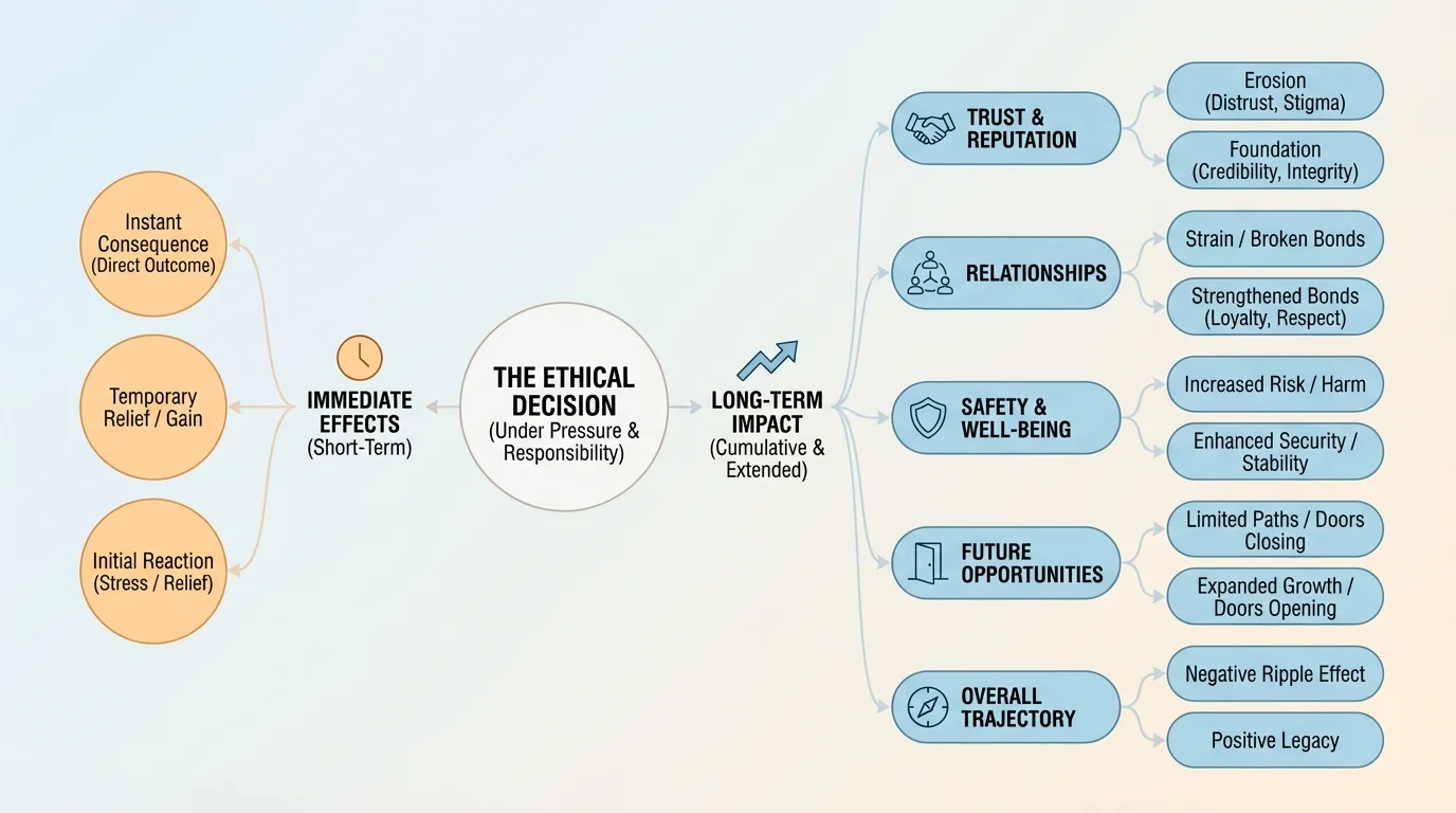 Illustration showing one choice branching into immediate effects and long-term effects on trust, reputation, relationships, safety, and future opportunities