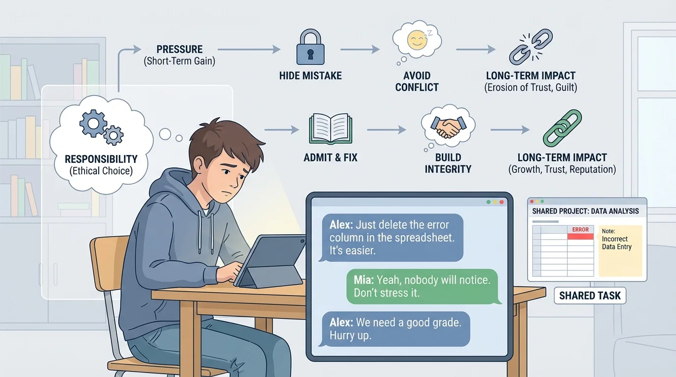 Illustration of a teen looking at an online group chat where others pressure them to hide a mistake in a shared project or work task
