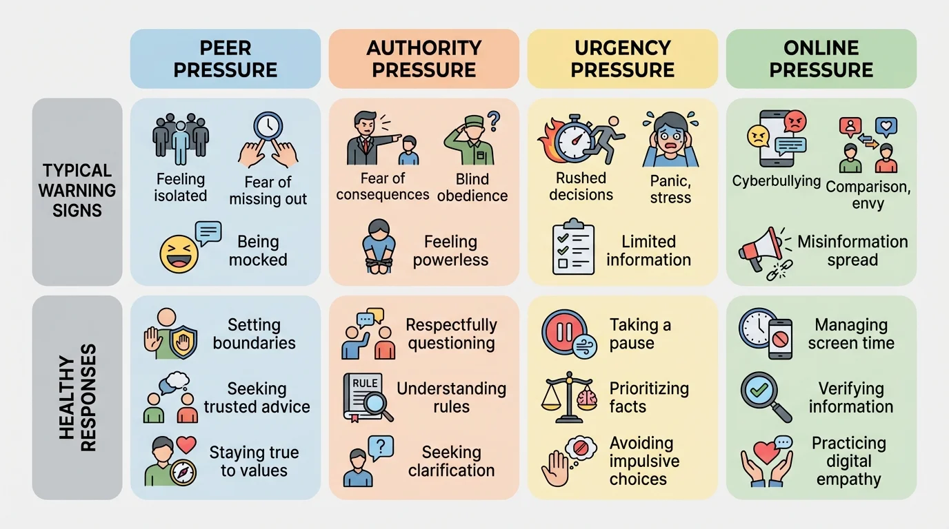 Chart comparing peer pressure, authority pressure, urgency pressure, and online pressure with typical warning signs and healthy responses