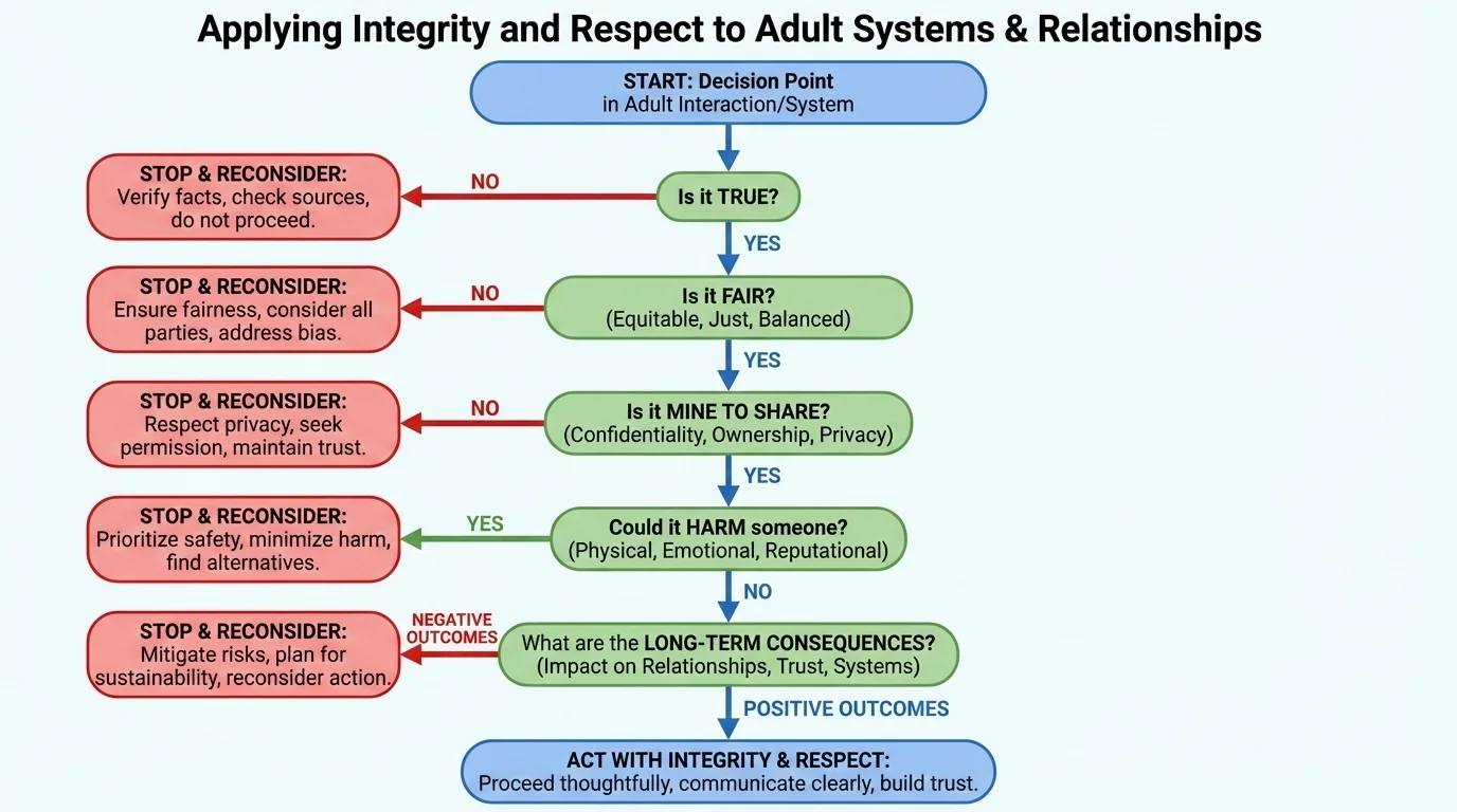 Decision flowchart with questions Is it true, Is it fair, Is it mine to share, Could it harm someone, What are the long-term consequences