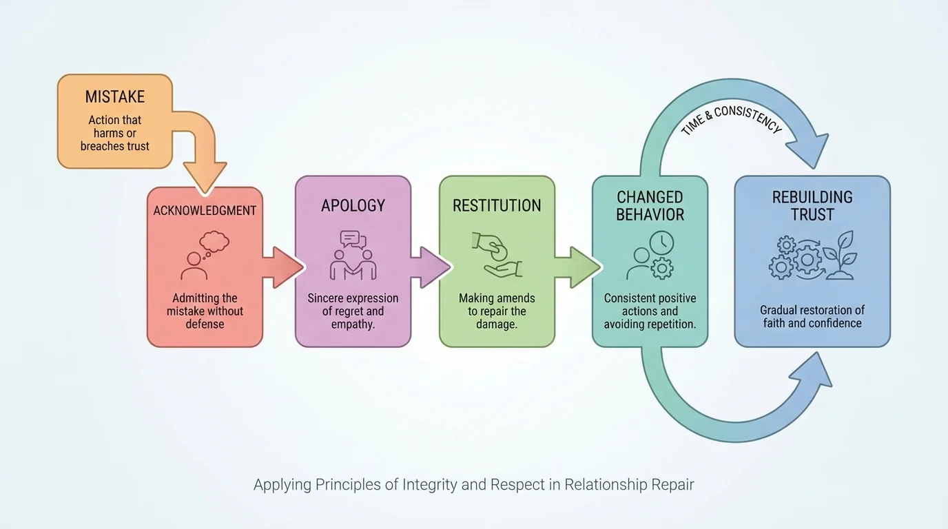 Flowchart showing mistake, acknowledgment, apology, restitution, changed behavior, and gradual rebuilding of trust