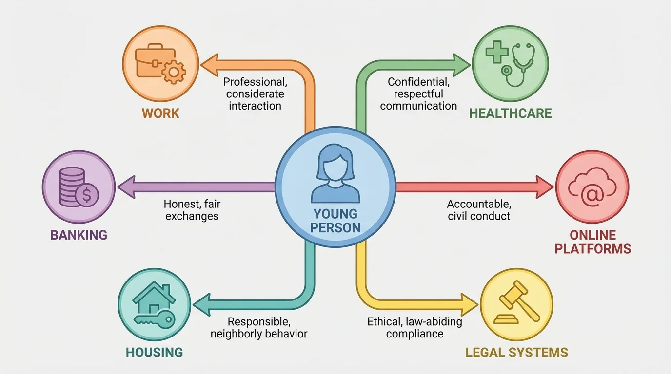 Young person at center connected to work, healthcare, banking, online platforms, housing, and legal systems with simple icons