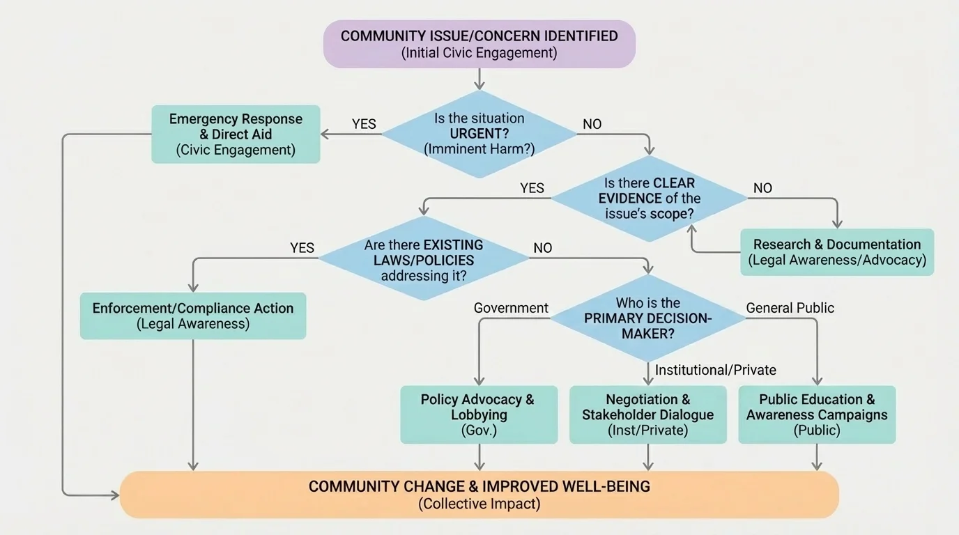 flowchart decision tree for community action with questions about urgency, evidence, legal rules, decision-maker, and best action method