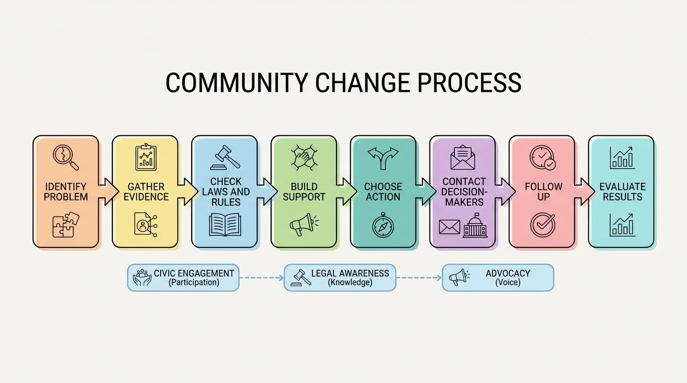 flowchart showing community change process with boxes labeled identify problem, gather evidence, check laws and rules, build support, choose action, contact decision-makers, follow up, evaluate results
