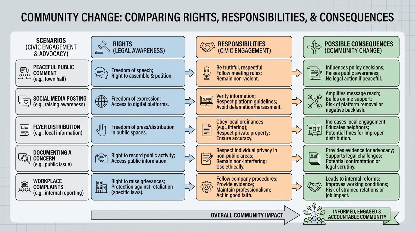 chart comparing rights, responsibilities, and possible consequences for scenarios including peaceful public comment, social media posting, flyer distribution, documenting a concern, and workplace complaints