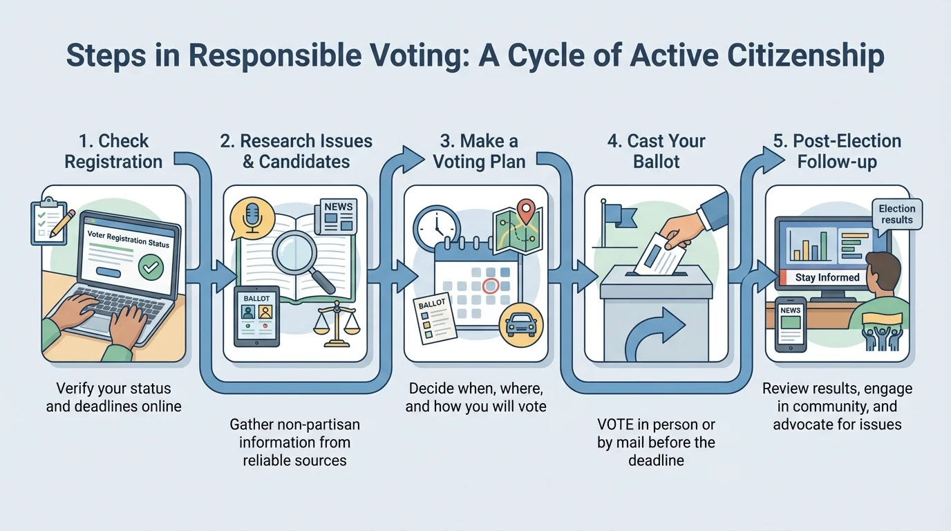 Steps in responsible voting from registration check to issue research, voting plan, casting ballot, and post-election follow-up