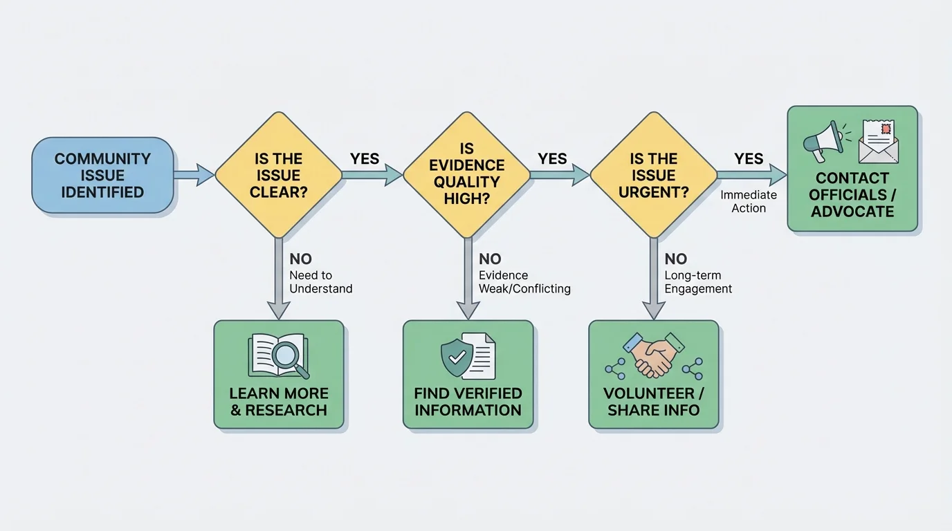 Decision tree for civic action based on issue clarity, evidence quality, urgency, and available actions such as learn more, contact officials, volunteer, or share verified information