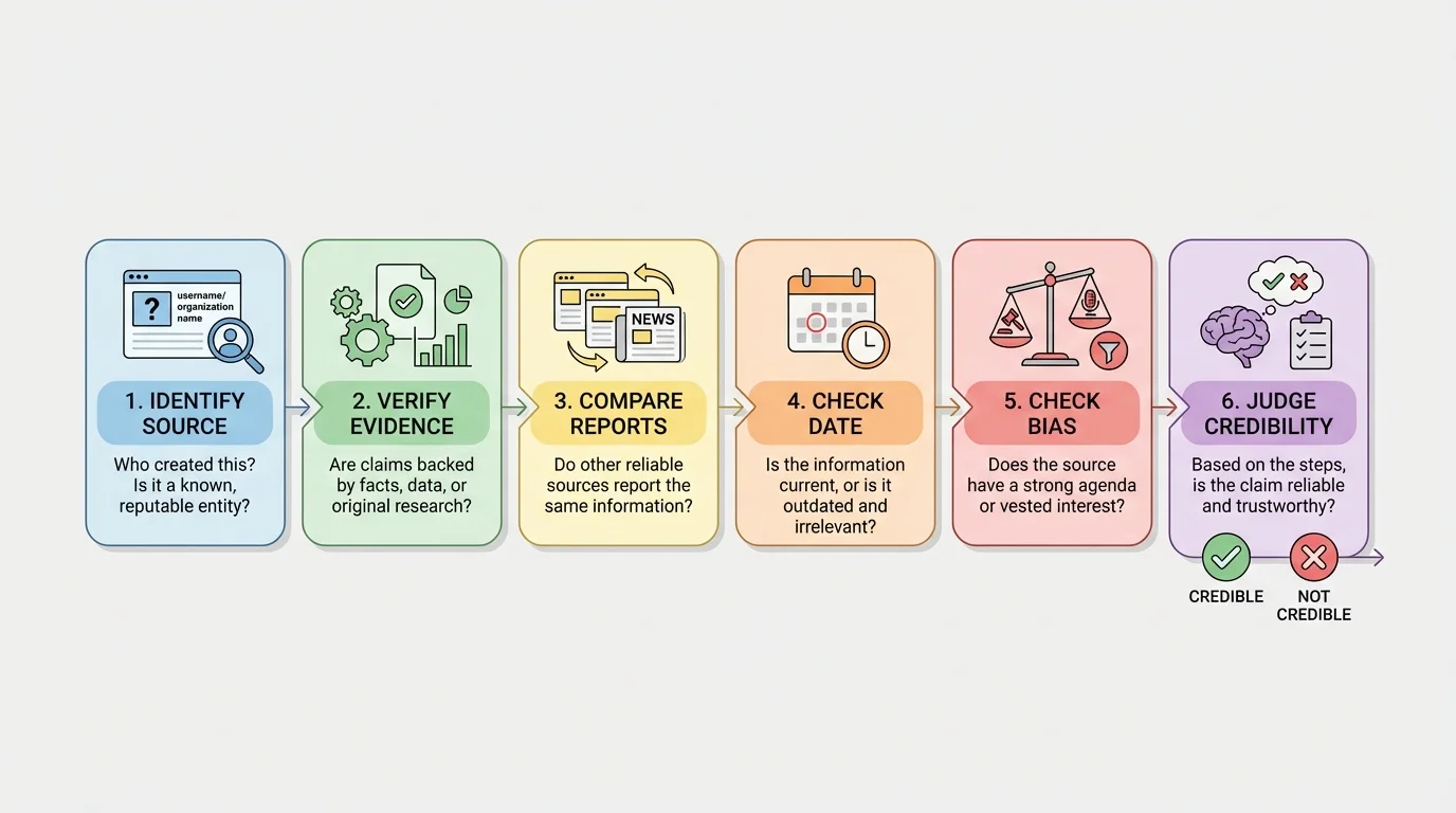 Source-check process for evaluating online civic claims: identify source, verify evidence, compare reports, check date, check bias, judge credibility