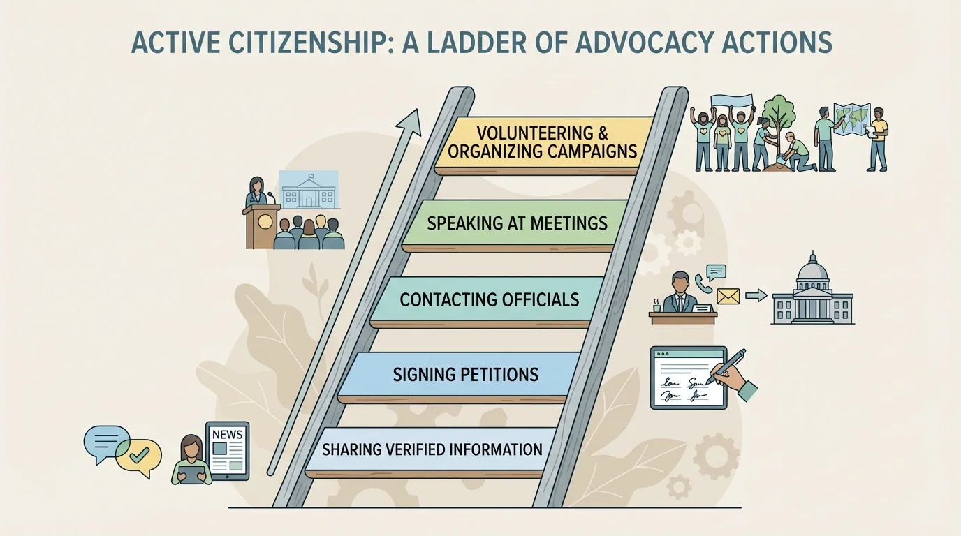 Ladder of advocacy actions from sharing verified information and signing petitions up to contacting officials, speaking at meetings, volunteering, and organizing campaigns