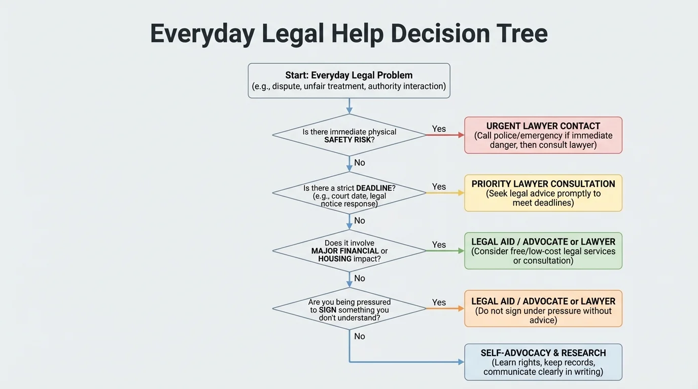 decision tree for everyday legal problems with boxes for safety risk, deadline, money or housing impact, pressure to sign, and outcomes such as self-advocacy, legal aid, or urgent lawyer contact