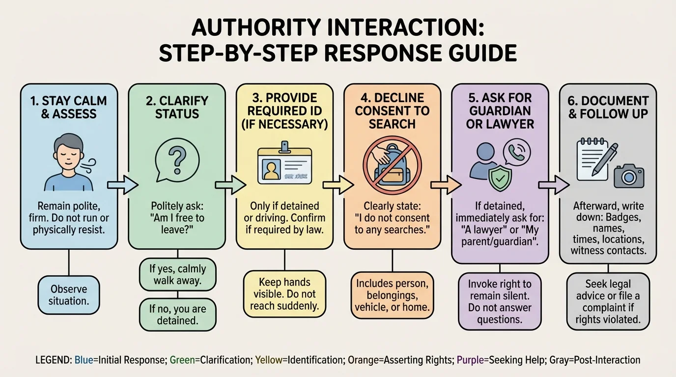 step-by-step response during an authority interaction with boxes for stay calm, ask if free to leave, provide required identification if necessary, decline consent to search, ask for guardian or lawyer, and document details afterward