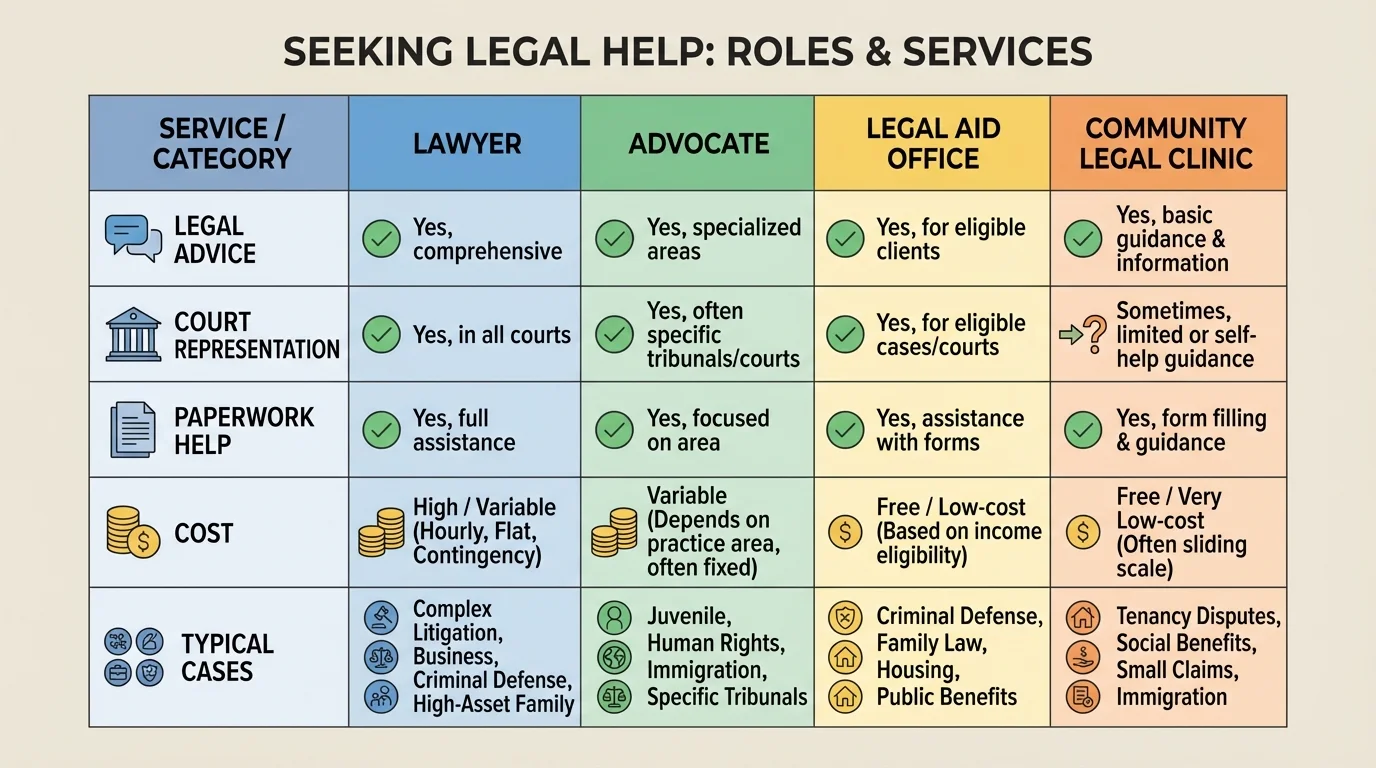 comparison chart with columns for lawyer, advocate, legal aid office, and community legal clinic; rows for legal advice, court representation, paperwork help, cost, and typical cases