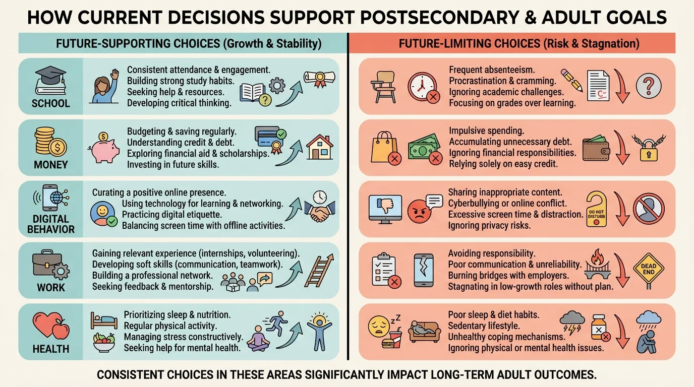 two-column chart comparing future-supporting choices and future-limiting choices in school, money, digital behavior, work, and health