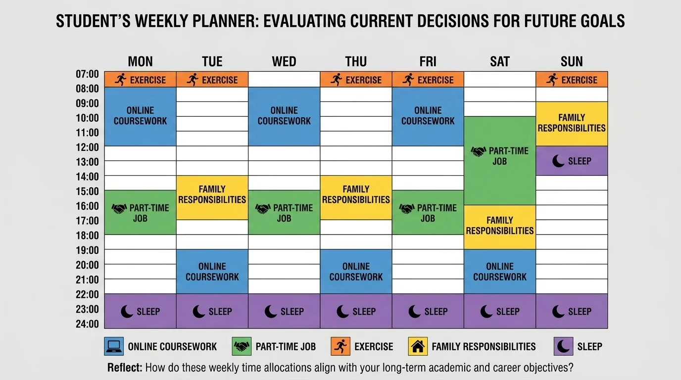 illustration of a student's weekly planner with time blocks for online coursework, part-time job, exercise, sleep, and family responsibilities